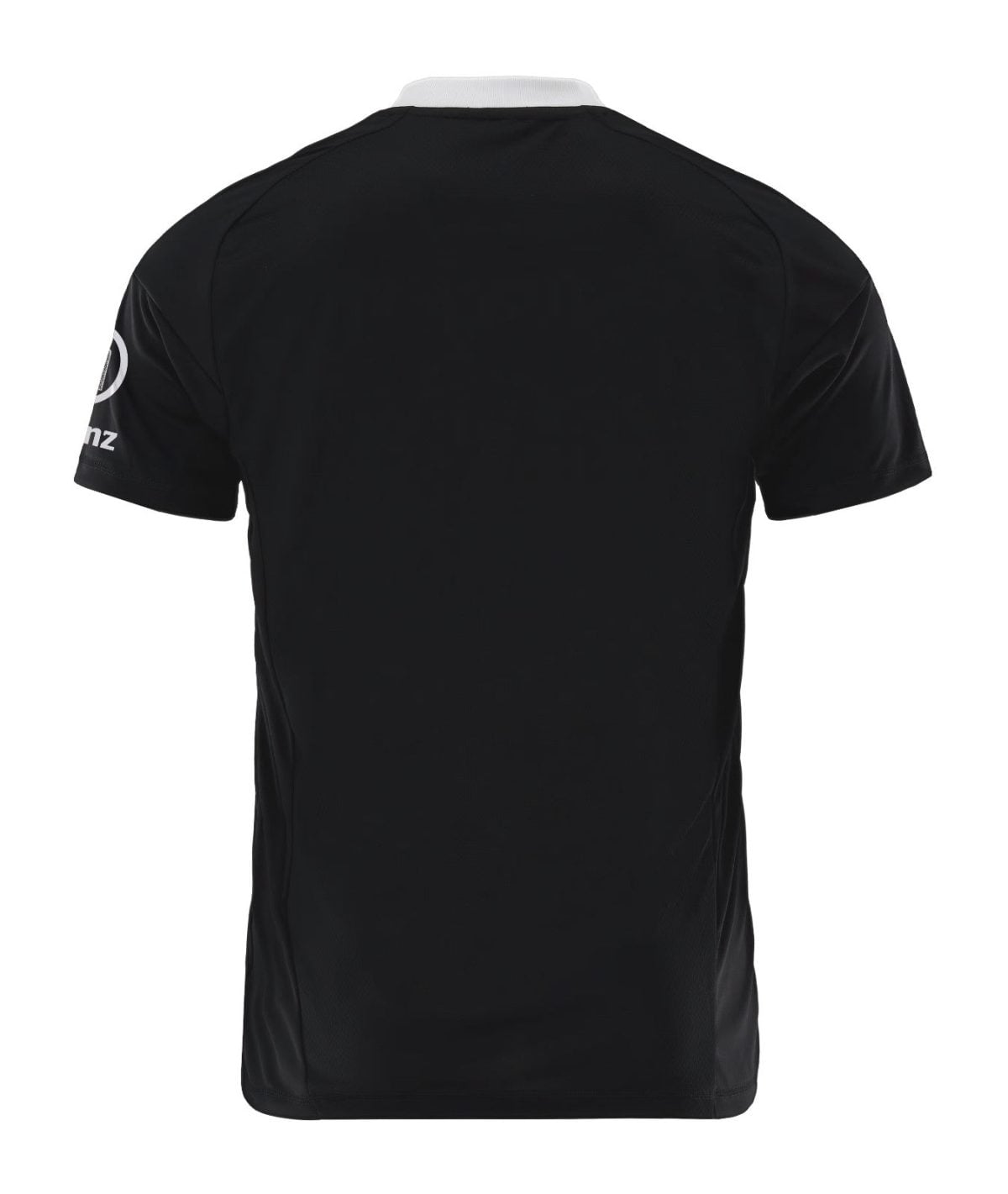 Back view of a plain black athletic jersey with a white collar and short sleeves