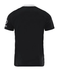 Back view of a plain black athletic jersey with a white collar and short sleeves