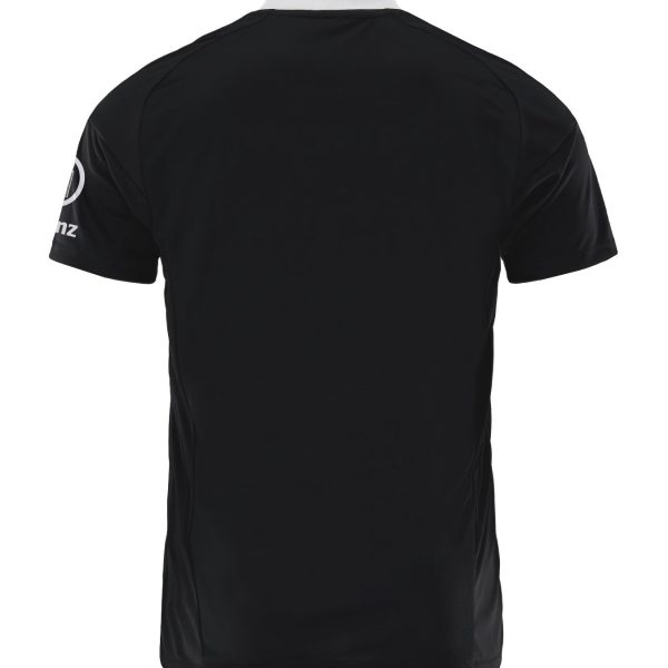 Back view of a plain black athletic jersey with a white collar and short sleeves
