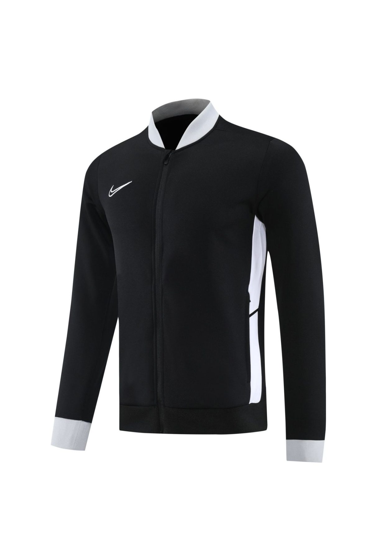 Black zip-up athletic jacket with white piping and a Nike swoosh logo on the chest area on a black background.