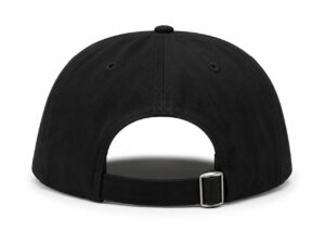 Back view of a black baseball cap with an adjustable strap and metal buckle