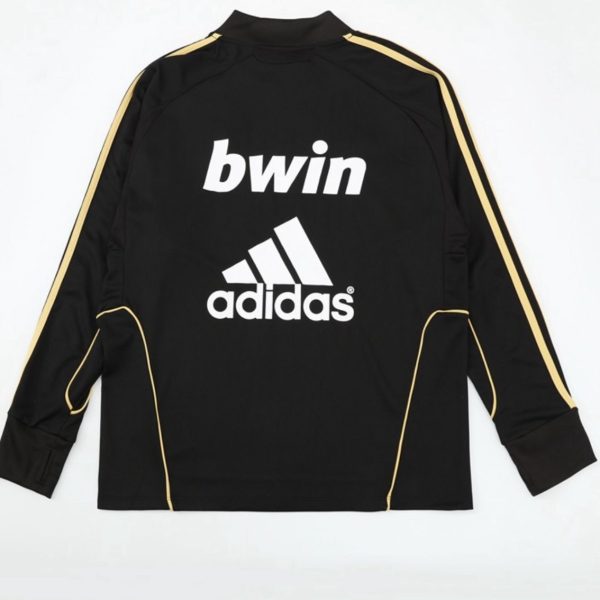 Black athletic jacket with gold stripe piping along sleeves, featuring white Adidas logo and 'bwin' text on the back