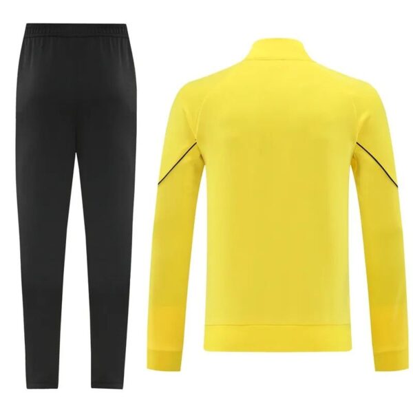 Black athletic pants paired with a bright yellow long-sleeve jacket shown from the back, gym/wear outfit set