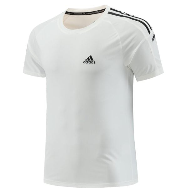 White Adidas short-sleeve T-shirt with black three-stripe detail on the shoulders and small logo on the chest, displayed on a torso bust.