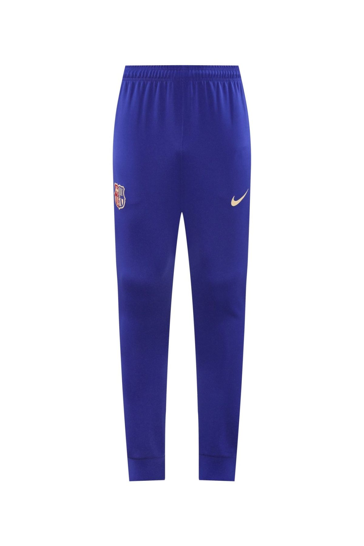 Blue athletic track pants with a FC Barcelona crest on the left thigh and a gold Nike swoosh on the right thigh.