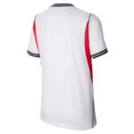 Back view of a white polo/shirt with red side panels and navy trim at the collar and sleeve cuffs.