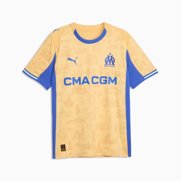 Yellow Olympique de Marseille football jersey with blue trim and CMACGM sponsor logo across the chest, featuring club crest on the left.