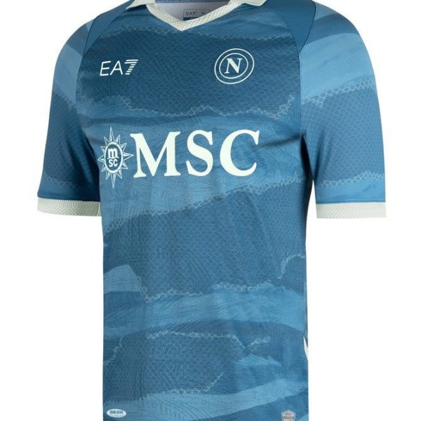 Blue soccer jersey with light stripes and white collar, featuring MSC sponsor and circular crest on chest.