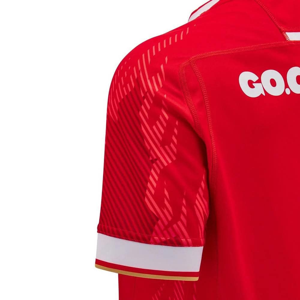 56e4e87993edd17f0b83c81b8f312a90 | UAE SPORT STORE Close-up of a red athletic jersey sleeve with a white cuff and gold stripe, featuring a diagonal graphic pattern on the side.