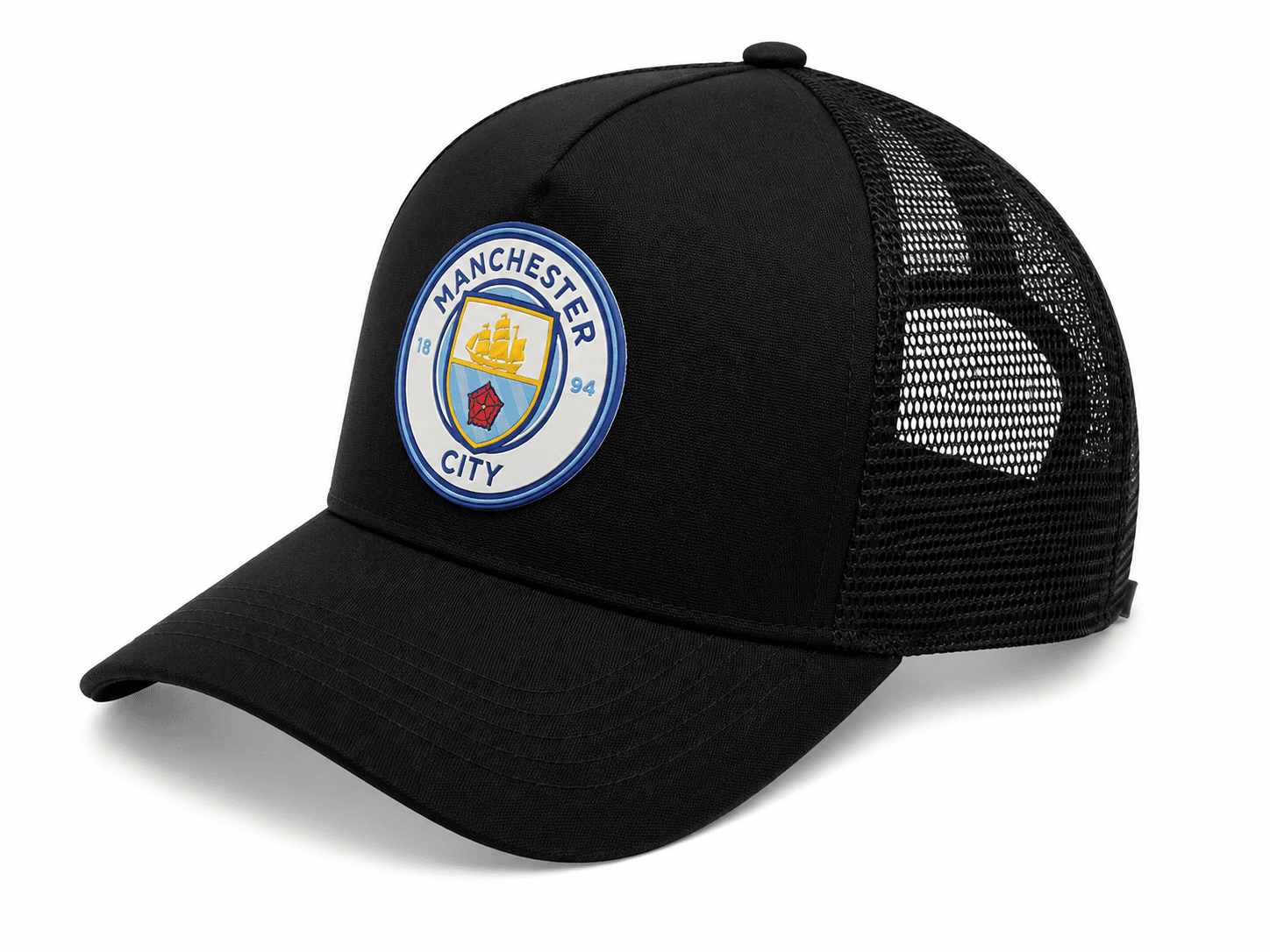 57035B99-A1F7-4157-8125-204F0DF12BF4 | UAE SPORT STORE Black trucker cap with a Manchester City crest patch on the front and a mesh back.
