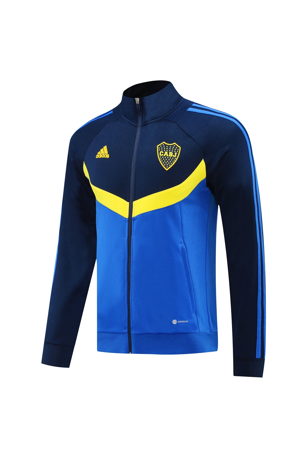 5784c2da | UAE SPORT STORE Blue Adidas track jacket with a yellow chevron stripe and CABJ crest on the chest, full-zip design.