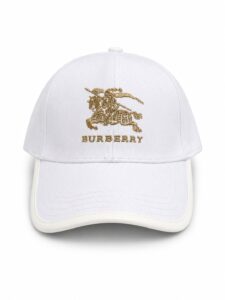White baseball cap with Burberry embroidery in gold, front center logo and curved brim