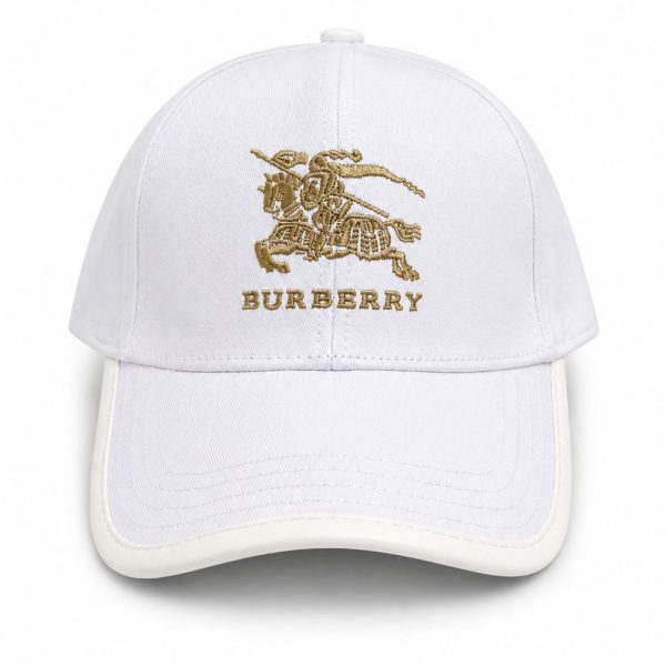 White baseball cap with Burberry embroidery in gold, front center logo and curved brim