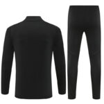 Back view of a black athletic jacket and matching jogger pants set, shown on a white background.