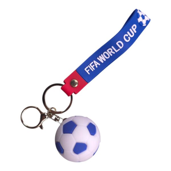 Blue lanyard with 'FIFA WORLD CUP' text attached to a key ring and a small white and blue soccer ball charm.