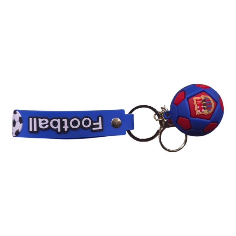 5805548633519671586 | UAE SPORT STORE Blue keychain with a round blue and red soccer ball charm featuring a crest, attached to a blue strap that reads 'Football'