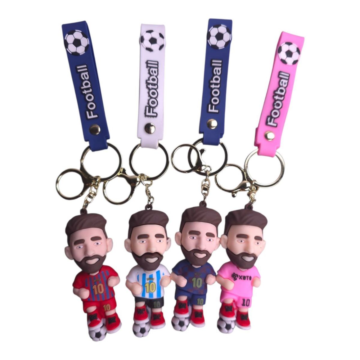 Set of four bearded cartoon soccer player keychains with colored jerseys and football-themed lanyards (blue, white, pink).