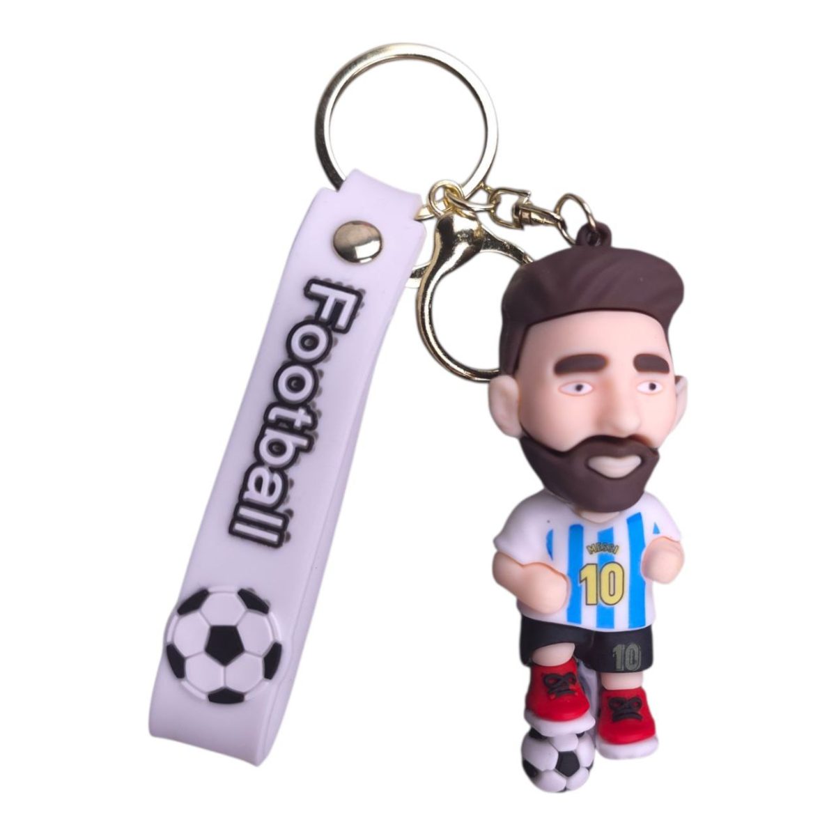 Bearded soccer player keychain wearing a blue-striped jersey with number 10, standing on a soccer ball, attached to a white tag reading 'Football'