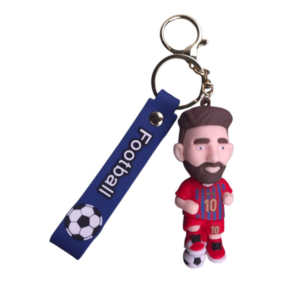 Keychain with a cartoon soccer player figure in a red-blue jersey and black boots, attached to a blue strap with a soccer ball graphic and the word 'Football'.