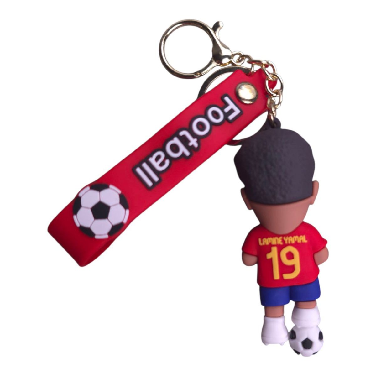 Footballer keychain toy in a red jersey with number 19 and a soccer ball graphic on the strap