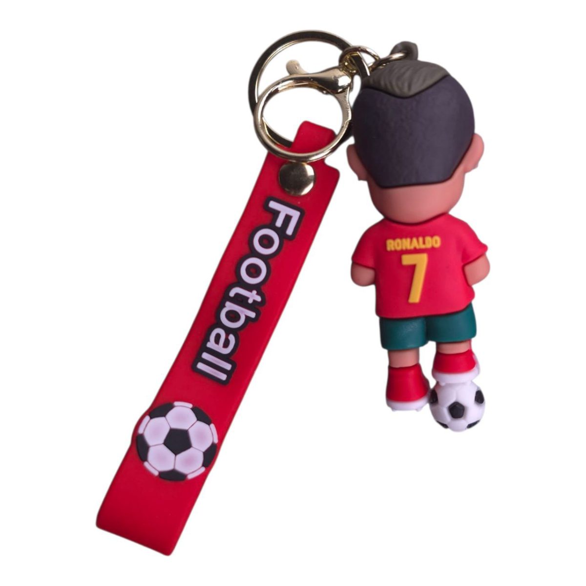 Keychain featuring a small Ronaldo figurine in a red soccer jersey with a football at his feet, attached to a red strap labeled 'Football'.