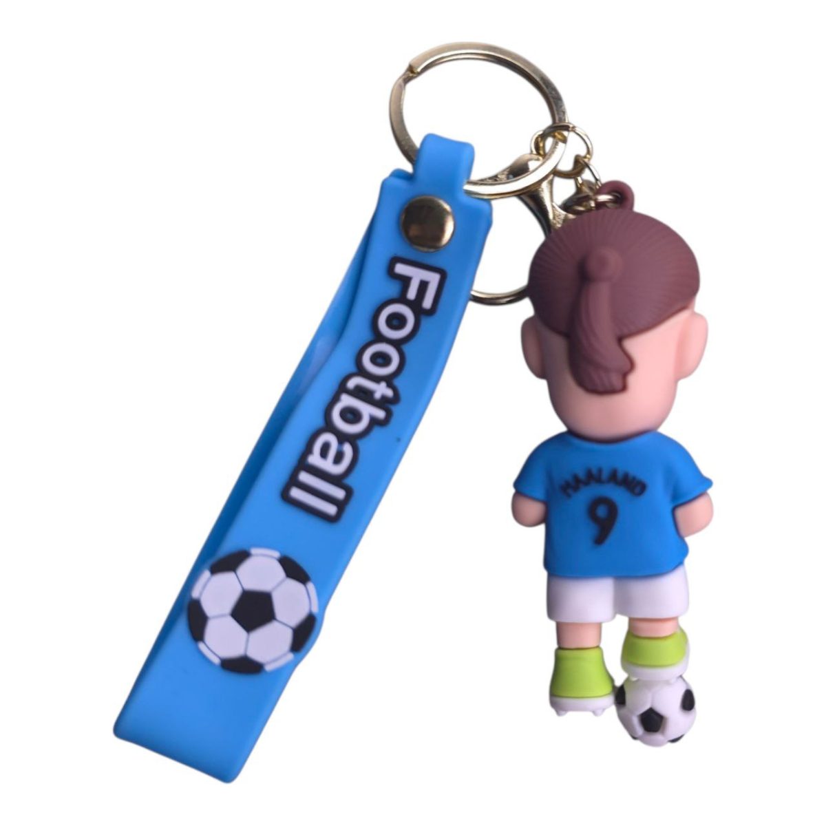 Keychain featuring a small soccer player figurine in a blue jersey with number 9 and a soccer ball graphic on a blue strap labeled Football (Football).