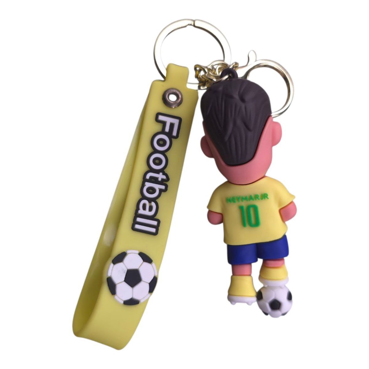 Yellow strap keychain with 'Football' text and a small cartoon soccer player charm wearing a yellow shirt and blue shorts, standing next to a soccer ball
