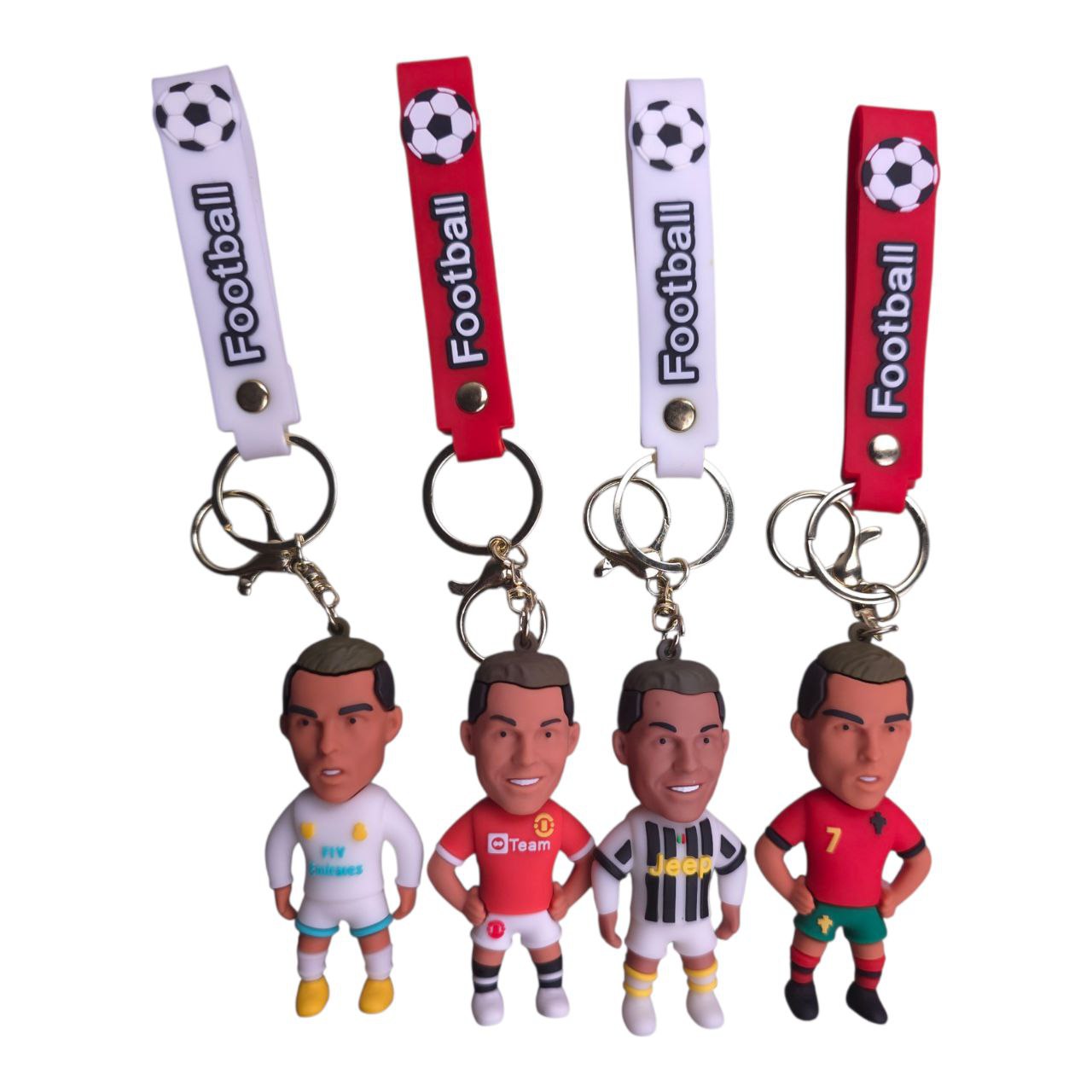 5805548633519671606 Four football-themed keychains with small soccer player figurines and striped white or red straps labeled 'Football' topped with a soccer ball emblem
