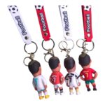 Set of four Ronaldo-themed soccer player keychains with red and white kits and 'Football' lanyards.