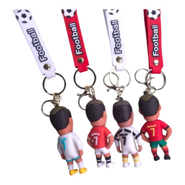 Set of four Ronaldo-themed soccer player keychains with red and white kits and 'Football' lanyards.