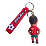 Soccer player keychain: small figure in a red shirt and green shorts, attached to a red strap with a soccer ball image and 'football' text. (Short version) Soccer player keychain with red strap and football graphic on the strap. Small soccer player charm on a red lanyard featuring a soccer ball graphic and 'football' lettering. Keychain showing a cartoon soccer player in red and green, with a red strap and soccer ball icon.