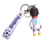 Keychain with a small Ronaldo figurine in a white jersey marked 7, attached to a white strap with a soccer ball graphic.