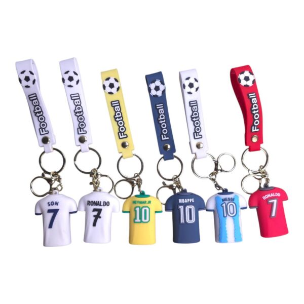 Collection of mini football jersey keychains with soccer-ball charms and player numbers