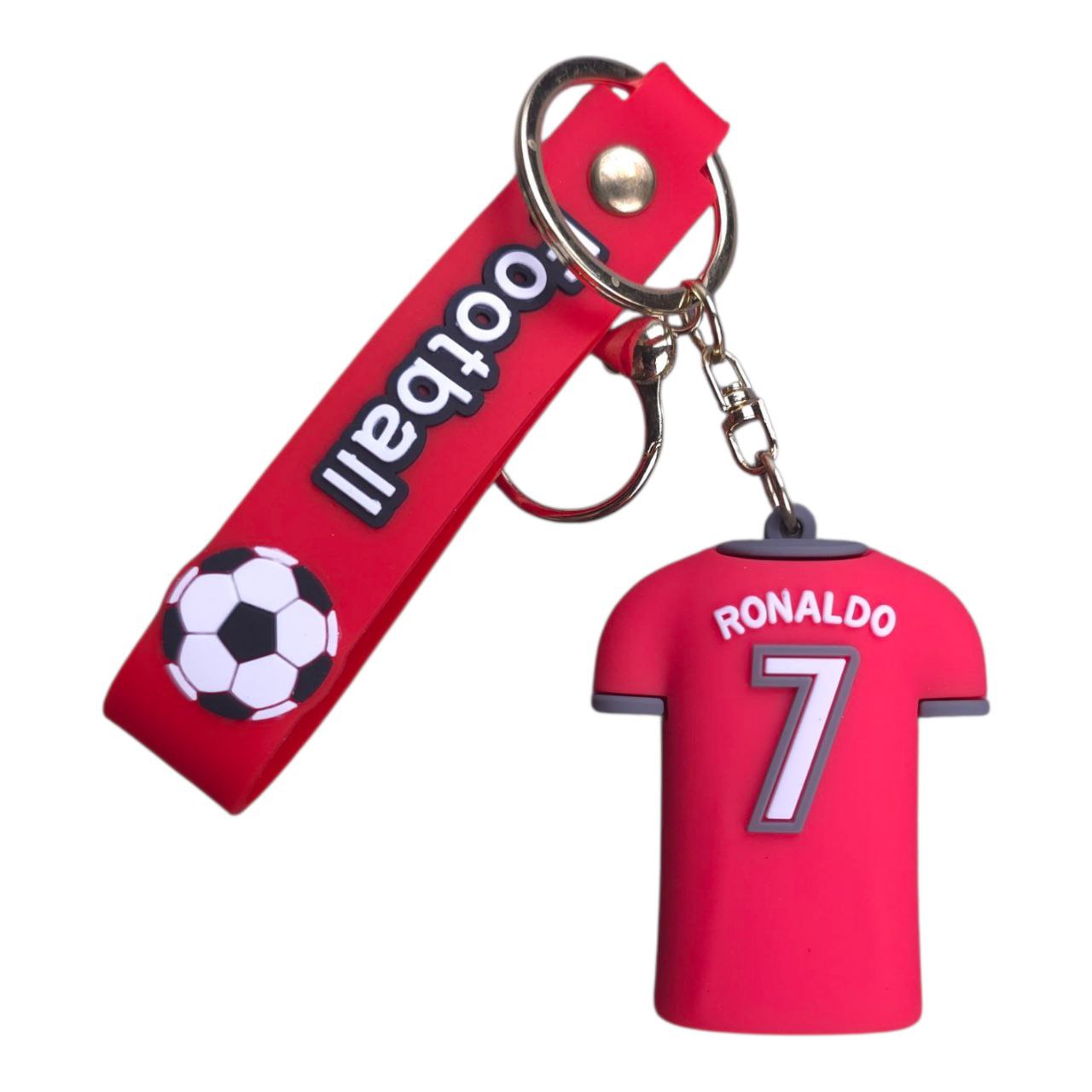 5805548633519671621 | UAE SPORT STORE Red keychain with a miniature Ronaldo jersey (number 7) and a soccer ball charm on a matching red lanyard.