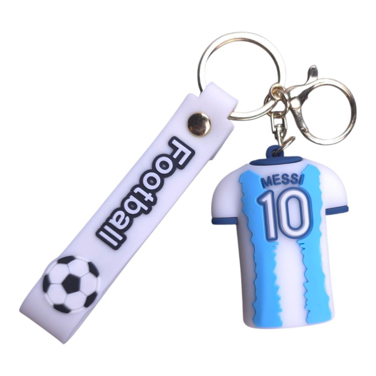 Football-themed keychain pair: a blue Messi 10 jersey charm and a white tag with a soccer ball logo.
