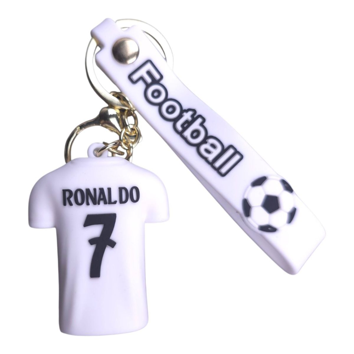 White plastic Ronaldo keychain with a small Ronaldo #7 jersey and a soccer ball charm attached to a white strap labeled 'Football'