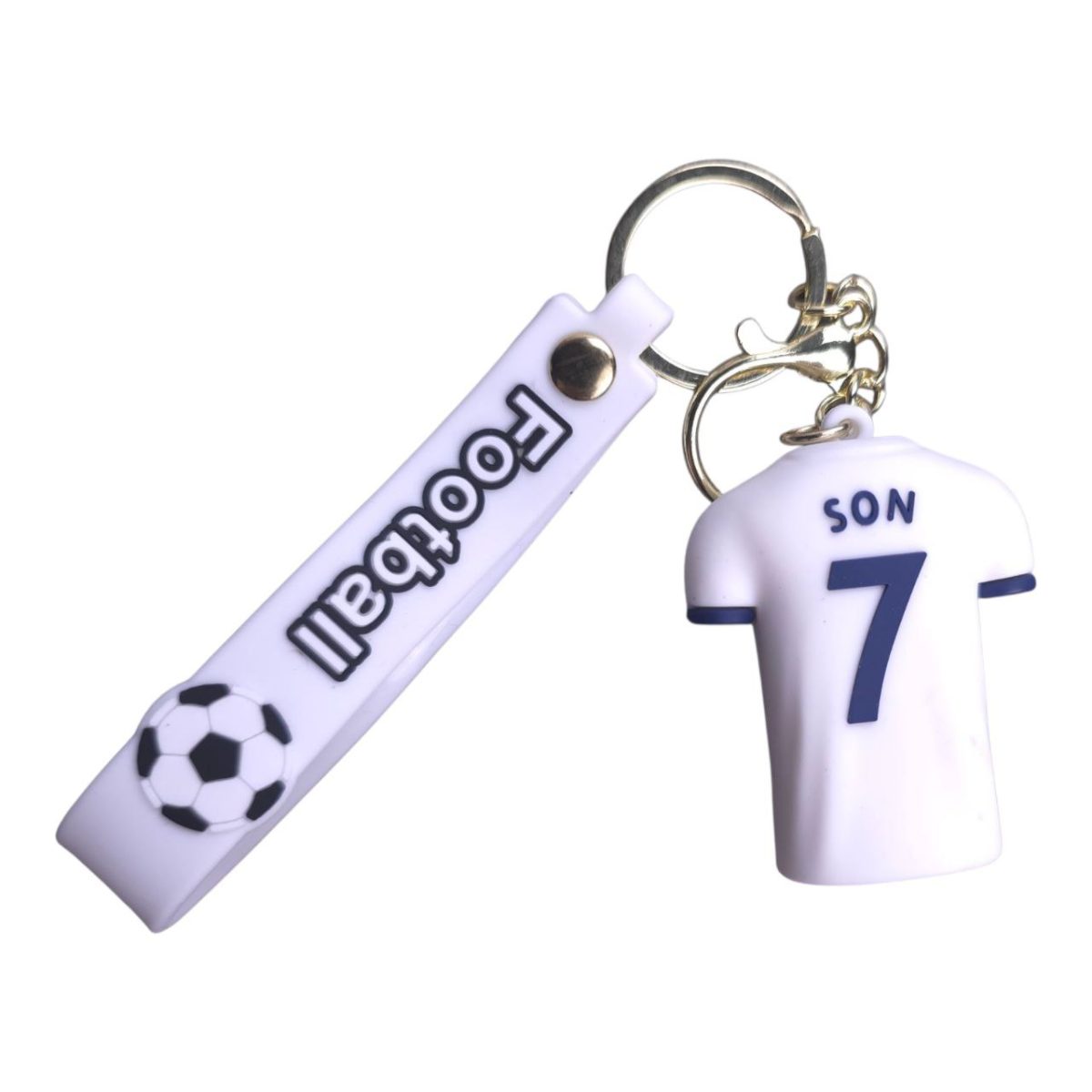 Keychain with a small white soccer jersey showing number 7 and the name SON, attached to a white tag featuring a soccer ball and 'Football' text.