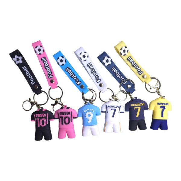 Keychains featuring small soccer jerseys with names like Messi and Ronaldo and matching lanyards with soccer ball logos
