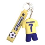 Keychain featuring a yellow Ronaldo football figure wearing a number 7 jersey and blue shorts plus a yellow football-themed tag with 'Football' text.