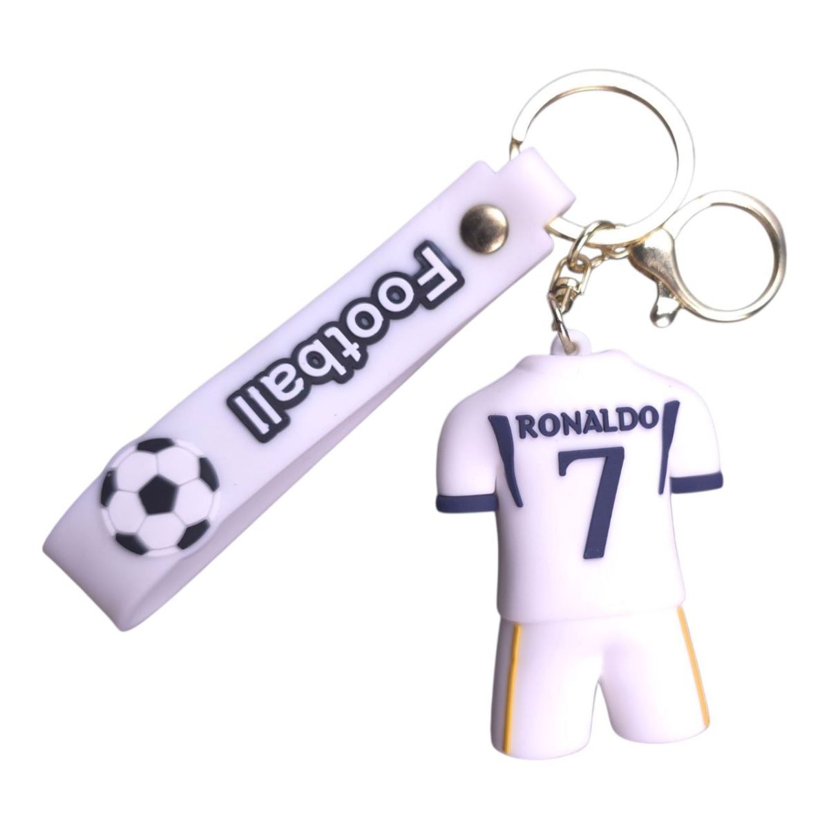 Football-themed keychain: a tiny white Ronaldo #7 jersey and a white whistle on a metal ring with a football motif.