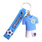 Blue Manchester City keychain featuring a miniature blue football jersey with the number 9, attached to a blue strap with a soccer ball graphic and the word 'Football'
