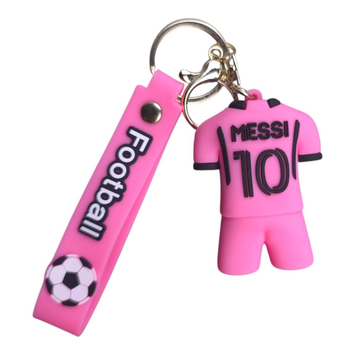 Pink football keychain featuring a tiny jersey with 'MESSI 10' and a pink strap with a soccer ball motif