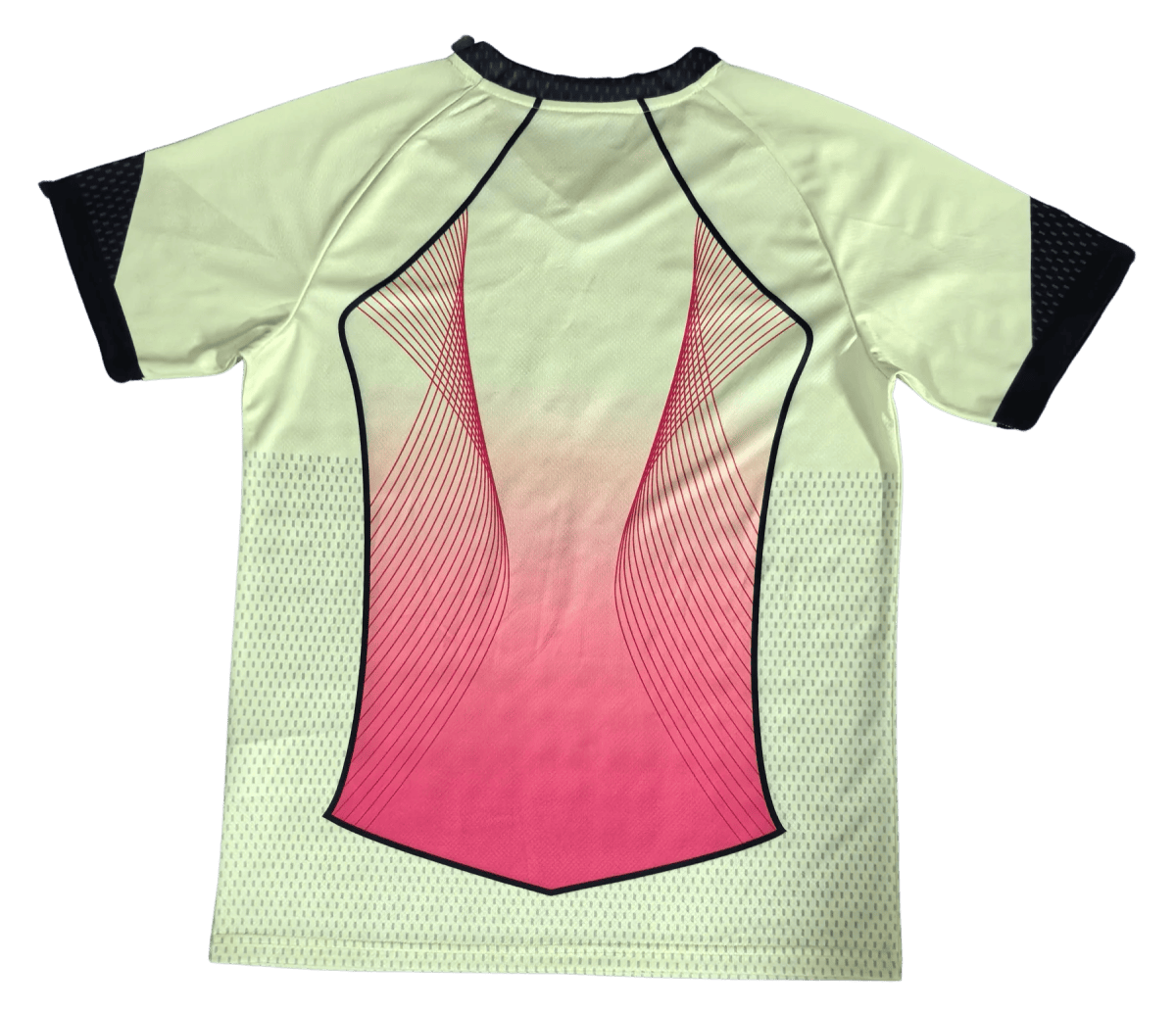 Back view of a mint-green athletic jersey with a pink gradient panel and crimson curved_lines design, black seam outlines, and dotted side panels.
