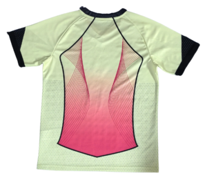 Back view of a mint-green athletic jersey with a pink gradient panel and crimson curved_lines design, black seam outlines, and dotted side panels.