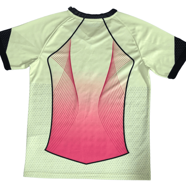Back view of a mint-green athletic jersey with a pink gradient panel and crimson curved_lines design, black seam outlines, and dotted side panels.