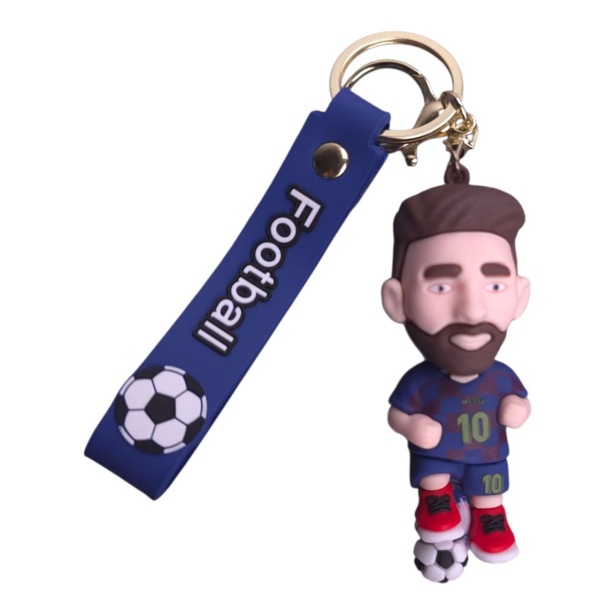 Keychain with a blue strap reading 'Football' and a small cartoon soccer player figurine beside a soccer ball.