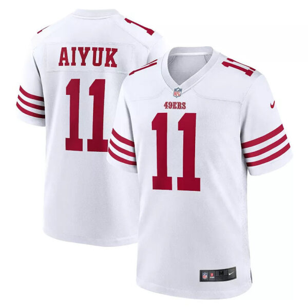 Two white San Francisco 49ers jerseys displayed: front and back view, bold red number 11 and 'AYUK' on the back.