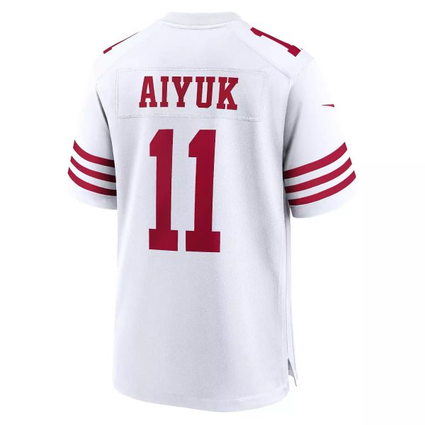 Back view of a white sports jersey displaying the name AIYUK and the number 11 in red maroon, with red stripe accents on the sleeves.