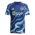 Blue Ajax football jersey with Ziggo sponsor and light green accents, featuring a wave pattern across the front and sleeves.