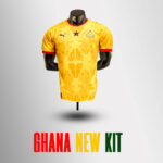 589659147_18010250786808547_8784456150700175748_n | UAE SPORT STORE Ghana national football kit on a display mannequin, bright yellow with red trim and crest, shown with the caption 'GHANA NEW KIT' in red, yellow, and green below.